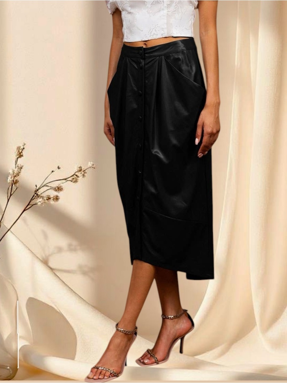 Black Vegan Leather Button Front Midi Pencil Skirt
